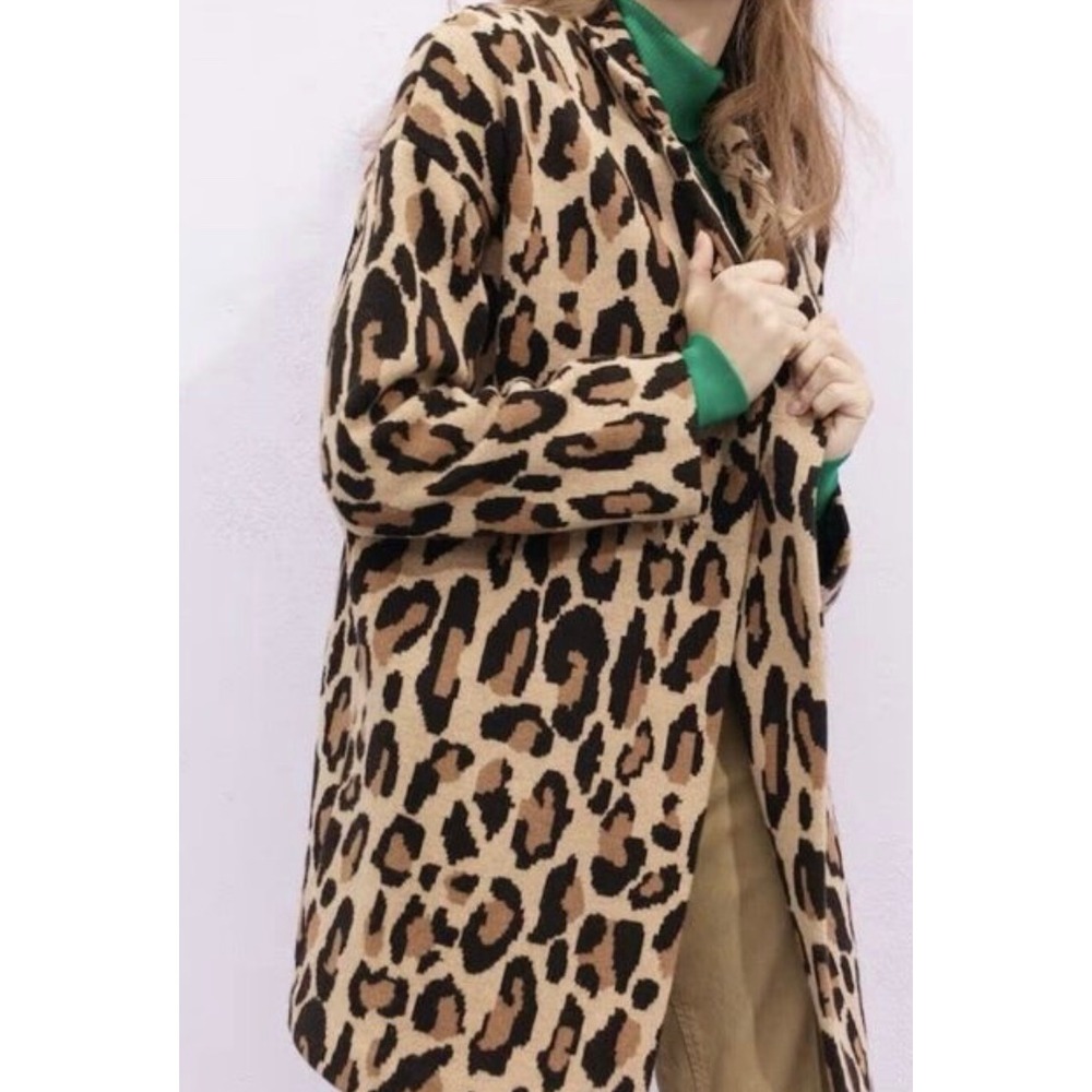 J. CREW DemyLee Wom. XXS Leopard Print Wool Knit Cardigan Sweater Coat Oversized